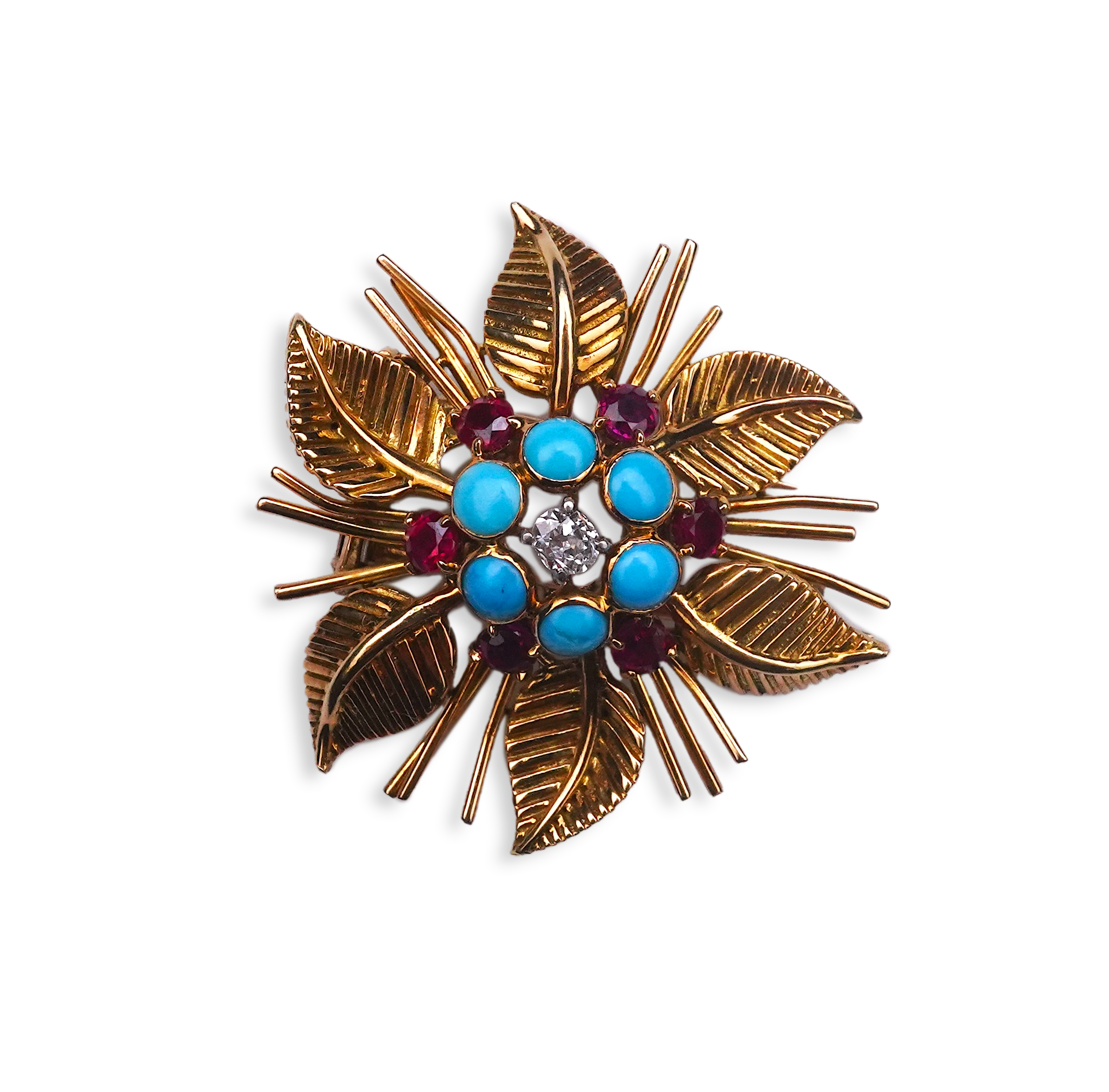 Chaumet, a turquoise, ruby and diamond brooch, mid 20th century